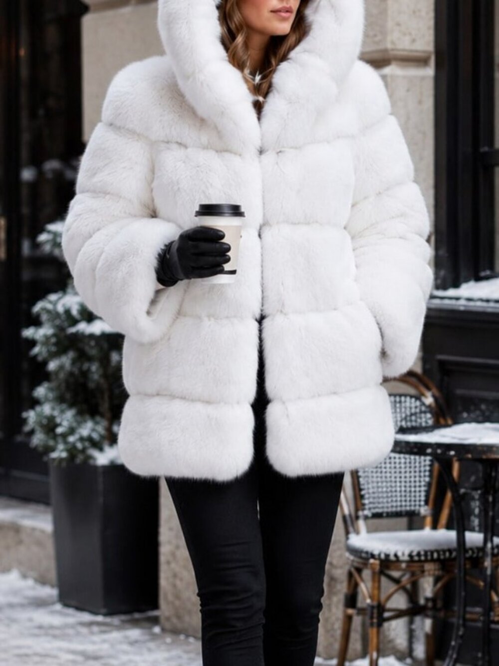 White Casual Women's Hooded Faux Fur Loose Fit Coat